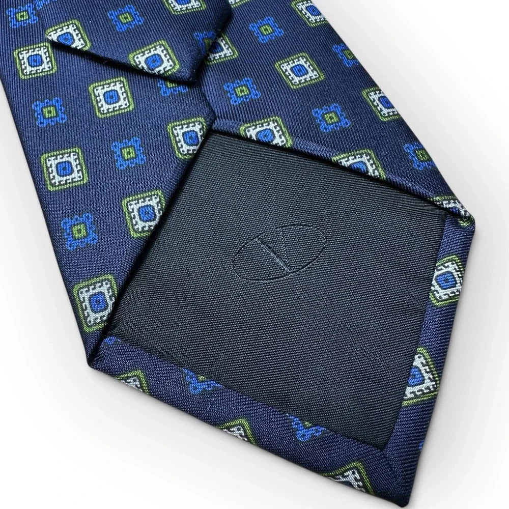 Valentino Mens Silk Tie Navy Blue Geometric Medallion Made in Italy 3.5 Inch